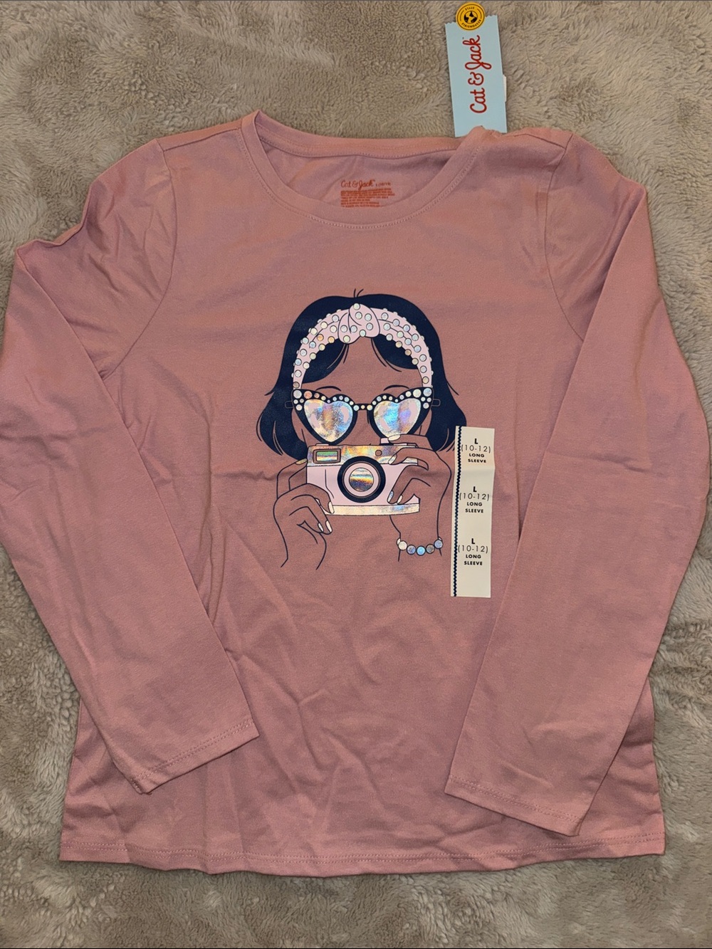 Cat & Jack Pink Long Sleeve Tee with Camera Girl Print